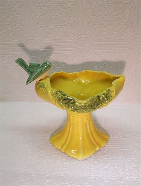 Vintage Mccoy Bird Birdbath Art Pottery Planter Vase Yellow