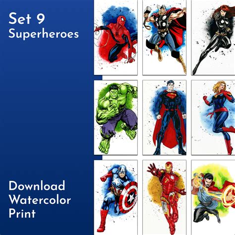 Set Of 9 Superheroes Watercolor Print Poster Worksheets Library