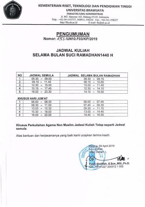 Ralat Pengumuman Perubahan Jadwal Kuliah Program Sarjana Semester Genap