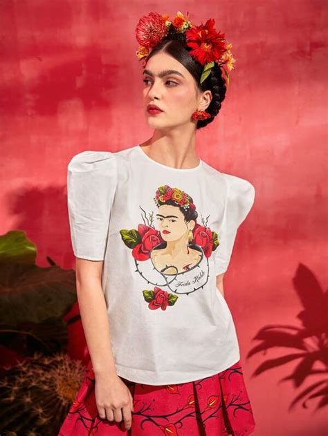 Frida Kahlo X SHEIN Figure Graphic Puff Sleeve Blouse For Sale