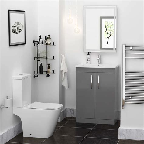 Cloakroom Suite 500mm Indigo Grey Gloss 2 Door Floor Standing Vanity Unit Basin With Elite