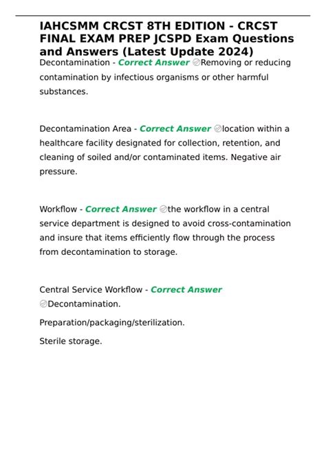 IAHCSMM CRCST 8TH EDITION CRCST FINAL EXAM PREP JCSPD Exam Questions