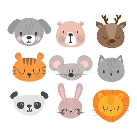 Set Of Cute Hand Drawn Smiling Animals. Cat, Deer, Panda, Tiger, Dog, Lion, Bunny, Mouse And ...