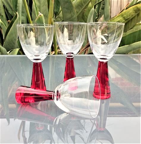 Vintage Red Thick Stem Wine Glasses Set Of 4 551c