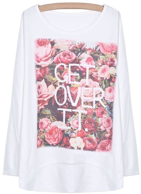 White Batwing Sleeve Floral Letters Dipped Hem T Shirt Shein Sheinside