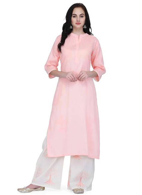 Shop Pink Pure Cotton Kurta Palazzo Set Work Wear Online At Best Price