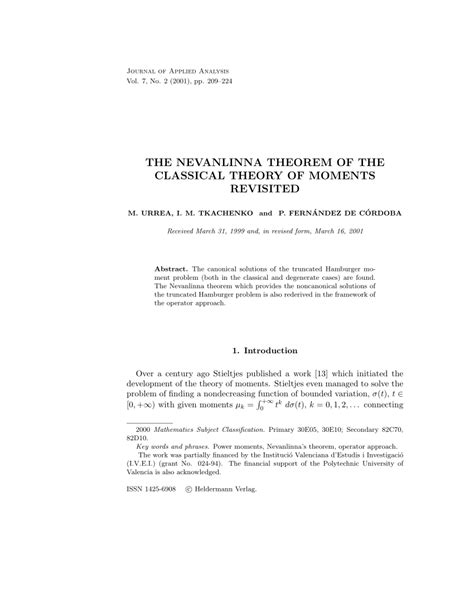 Pdf The Nevanlinna Theorem Of The Classical Theory Of Moments Revisited