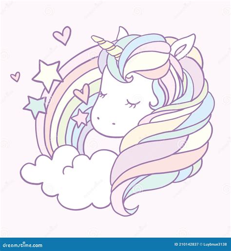 Cute Unicorn With Closed Eyes Unicorn Illustration With Rainbow And