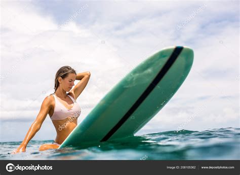 Fit Beautiful Young Surfer Girl Sexy Pink Bikini Sit Surfing Stock