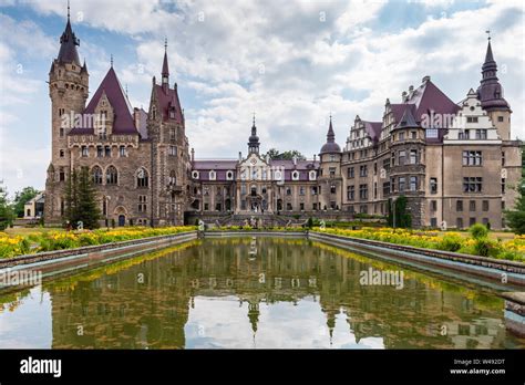 MOSZNA, POLAND - July 16, 2019: The Moszna Castle in southwestern ...