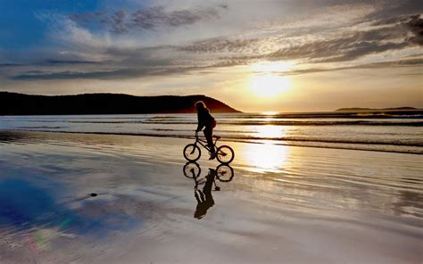 Bicycle Sunset Beach Reflection Ocean HD wallpaper | nature and landscape | Wallpaper Better