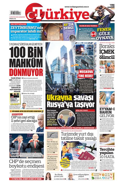 Türkiye Gazetesi 2 Ağustos 2023 Çarşamba Günü Manşeti