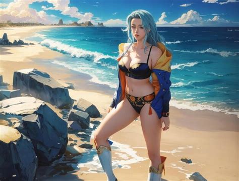 A Woman In A Bikini Stands On A Beach With The Ocean In The Background Premium AI Generated Image
