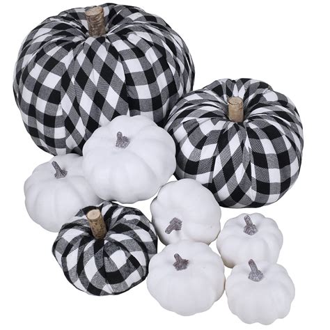 Buy Set Of 9 Faux Rustic Decorative Pumpkins Black And White Buffalo Check Fabric Pumpkins White