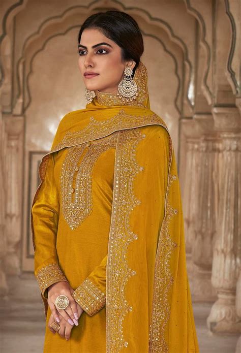 Yellow Heavy Embroidery Silk Semi Stitch Suits Aarshi Fashions 4224725