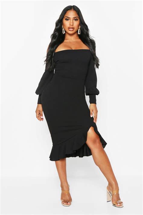 Off The Shoulder Balloon Sleeve Ruffle Midi Dress Boohoo Ruffle