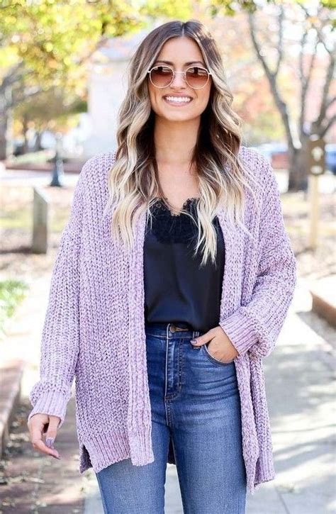 How To Style Outfits With Purple Cardigans Cardigan Outfits Purple Cardigan Outfits Lilac