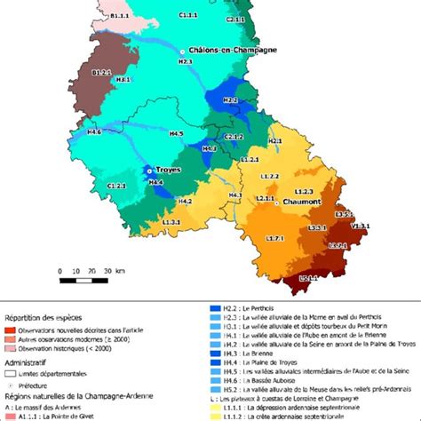 carte et légende des régions naturelles de Champagne Ardenne