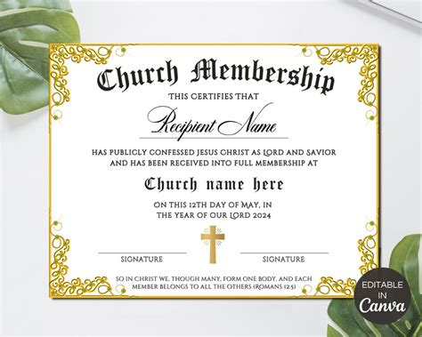 Editable Church Membership Certificate Template Printable Certificate