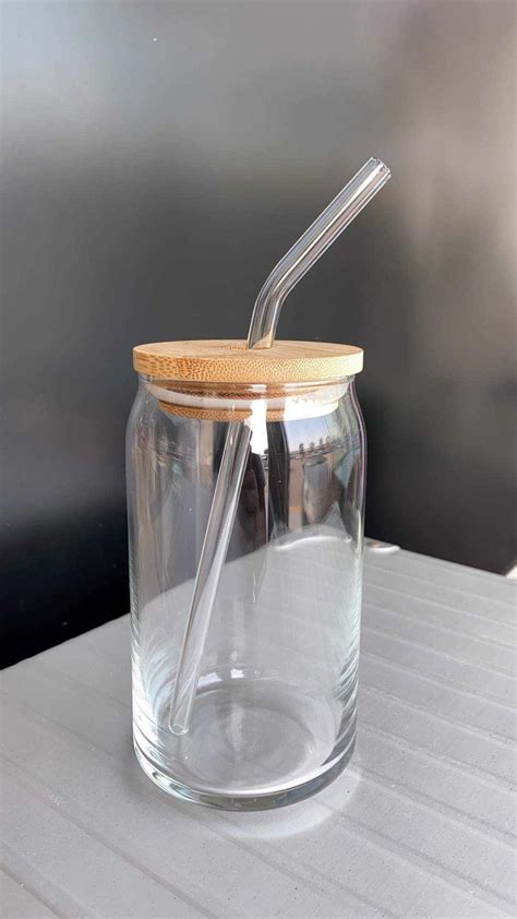 Beer Can Glass With Lid And Straw Coffee Glass Cup With Bamboo Lid And