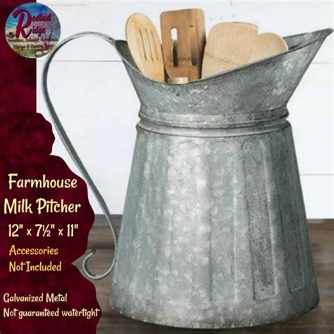 Rustic Galvanized Metal Farmhouse Milk Pitcher Vintage Look Utensil Holder Ebay