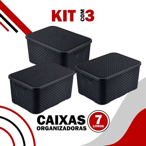 Kit 3 Cesto Caixa Organizadora Rattan 7 Litros Tampa