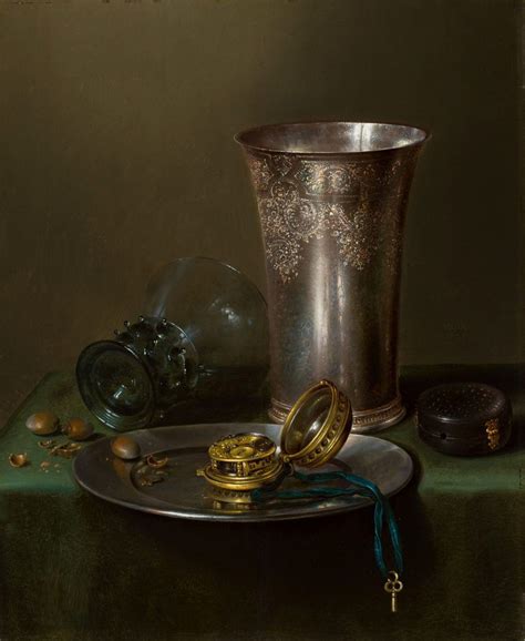 A Still Life With A Silver Goblet And A Watch On A Pewter Plate By