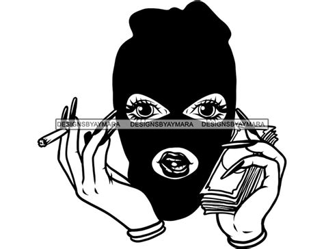 Gangster Woman Ski Mask Burglar Smoking Smoke Smoker Cigar Cigarette Money Stack Grind Grinding