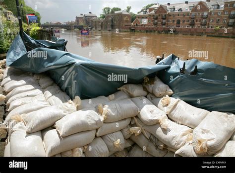 Sandbag Flood Prevention Barrier Alongside The River Ouse York United