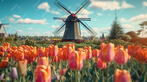 Premium Photo A Windmill In A Field Of Tulips With A Blue Sky In The Background