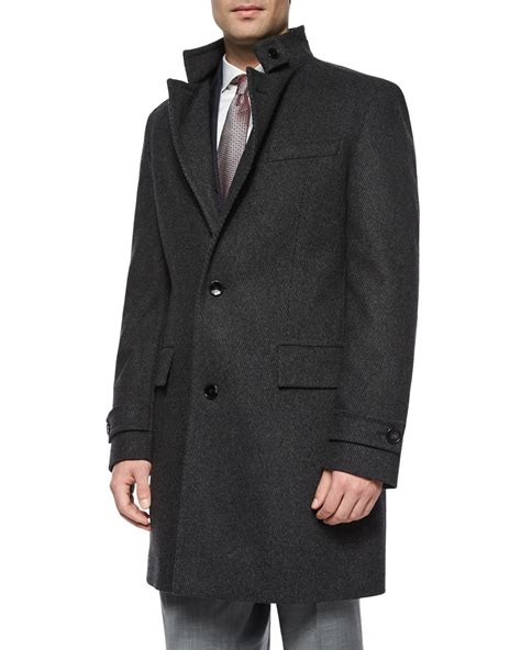 Lyst Boss Stand Collar Wool Overcoat In Gray For Men