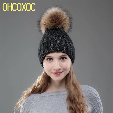 Ohcoxoc New Women Beanies Real Mink Fur Pom Poms Ball Cap Keep Warm