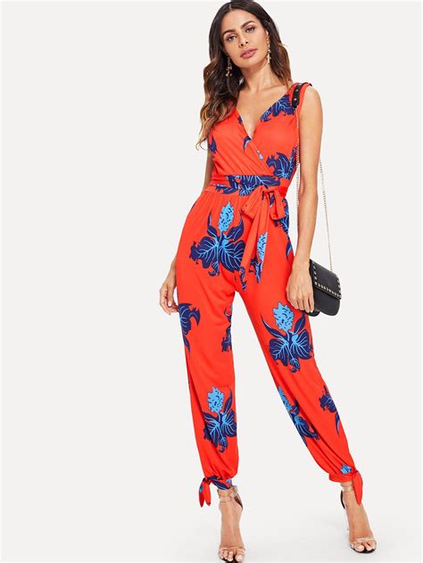 Wrap Front Floral Jumpsuit With Belt Shein Sheinside Floral