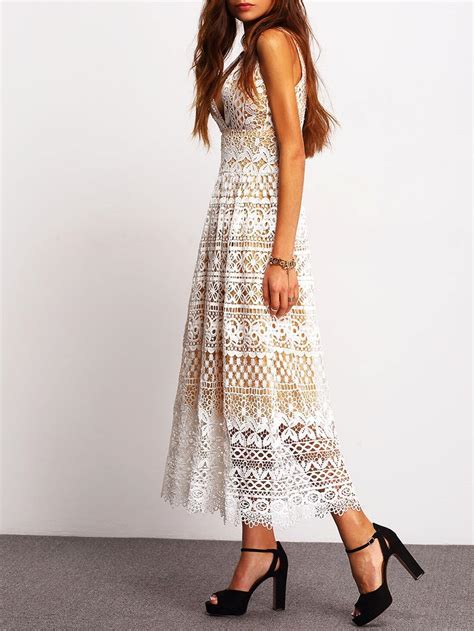 White V Neck Sleeveless Lace Dress Shein Sheinside