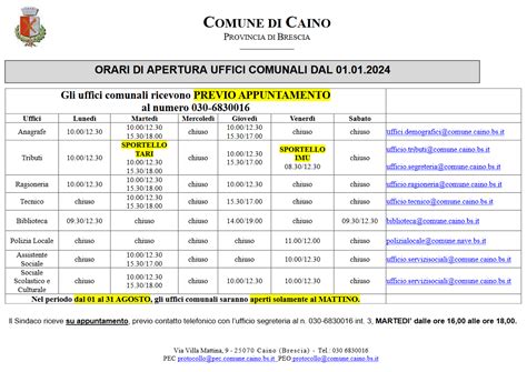 Nuovi Orari Di Apertura Uffici Comunali Dal Comune Di Caino