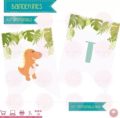 Kit Banderin Imprimible Cumple Dinosaurio Personalizado En Venta En