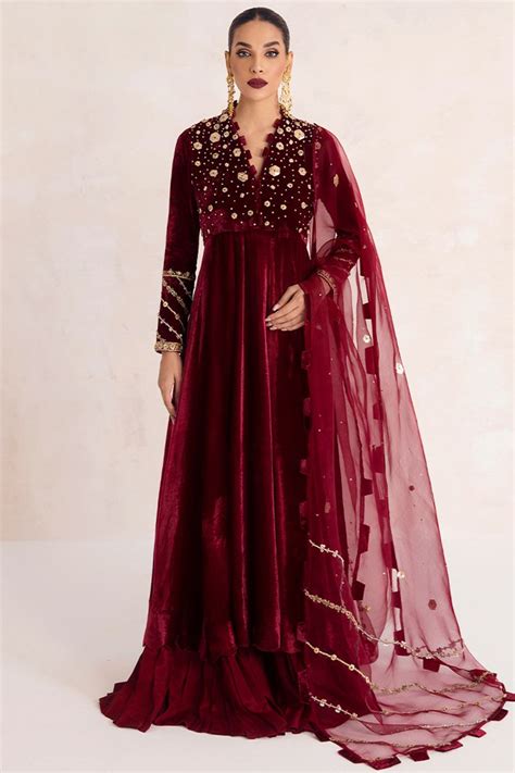 embroidered velvet wine red anarkali suit red raw silk sharara