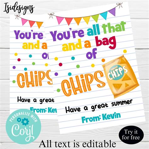 You Re All That And A Bag Of Chips Gift Tag Editable Appreciation Tag