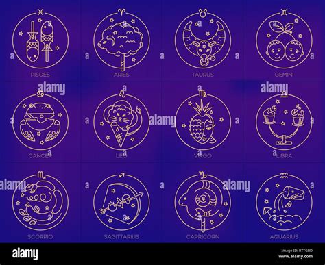 Vector Signs Of The Zodiac In Circles Of Golden Color On A Blue