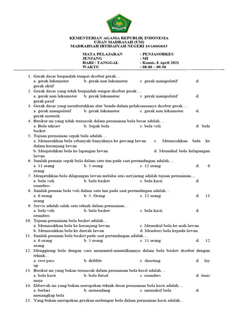 Soal Ujian Madrasah Pjok Kelas 6 Pdf