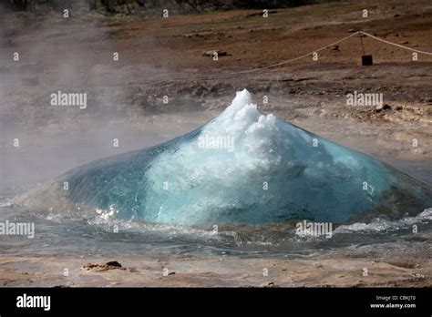 Bursting Water Bubble At Onset Of Eruption Of Strokkur Geysir Iceland