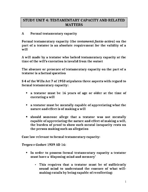 LAW OF Succession Study UNIT 4 STUDY UNIT 4 TESTAMENTARY CAPACITY