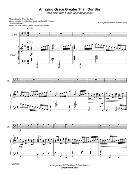 Amazing Grace Greater Than Our Sin Cello Solo With Piano Accompaniment Arr Glen Poehlmann