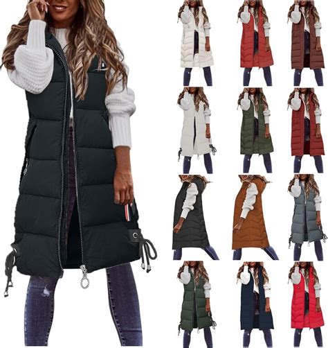 Yrkcah Womens Long Gilets Hooded Quilted Gilet Vest Ladies Body Warmer Zip Up Sleeveless Down