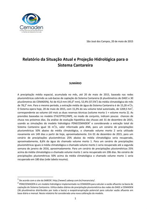 Pdf Relat Rio Da Situa O Atual E Proje O Hidrol Gica Para O