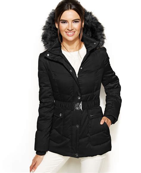 Dkny Hooded Faux Fur Trim Belted Down Puffer Coat In Black Lyst