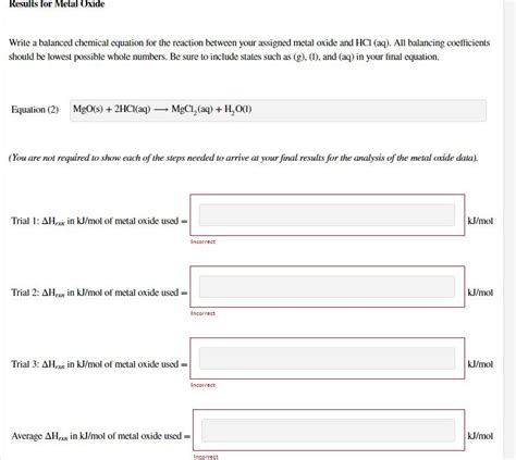 Solved Metal Oxide + HCl Reaction Experimental Data | Chegg.com