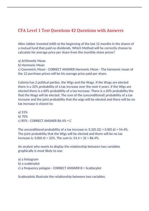 Cfa Level 1 Test Questions 42 Questions With Answers100 Correct Cfa