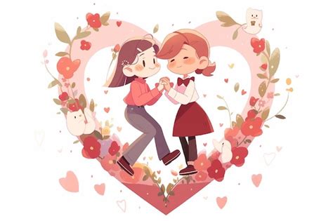 Premium Photo Lesbian Anime Couple Inside Floral Heart Illustration Valentine Romantic Background