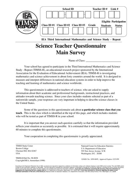 Fillable Online Nces Ed Science Teacher Questionnaire Main Survey